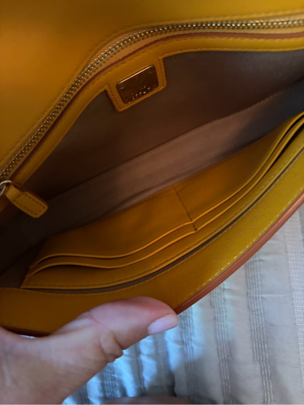 MCM Embossed Leather Envelope Clutch in Mustard - Picture 6 of 14